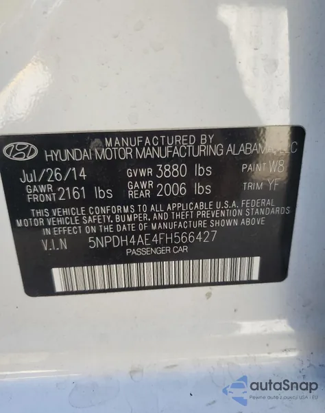 2015 Hyundai Elantra Se z USA, uszkodzony, nr VIN 5NPDH4AE4FH566427